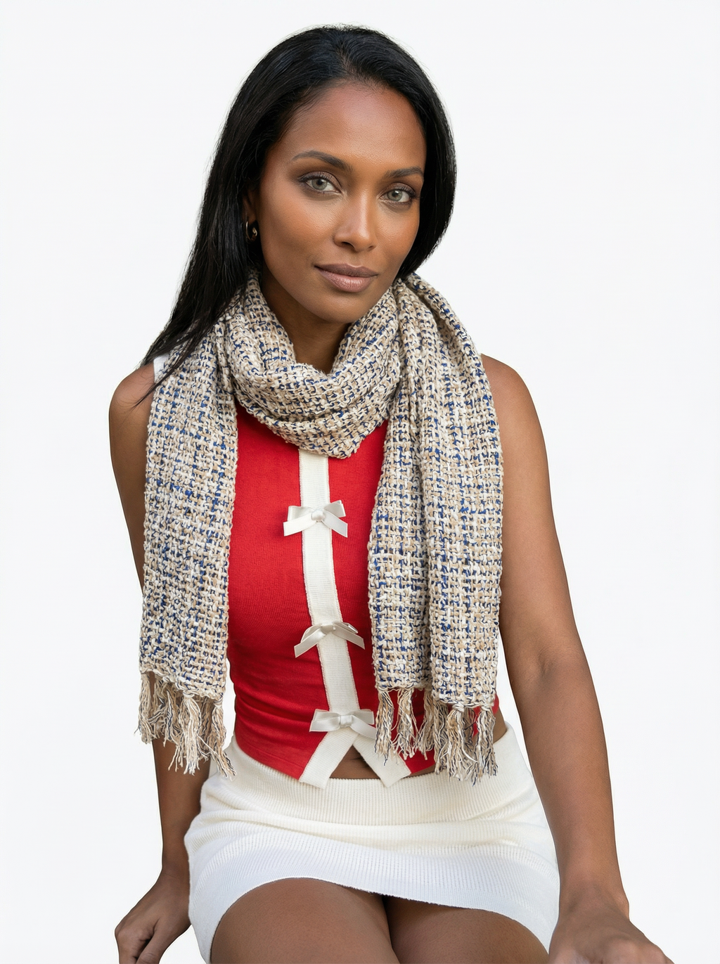Hand-Made Linen and Silk Scarf White & Blue