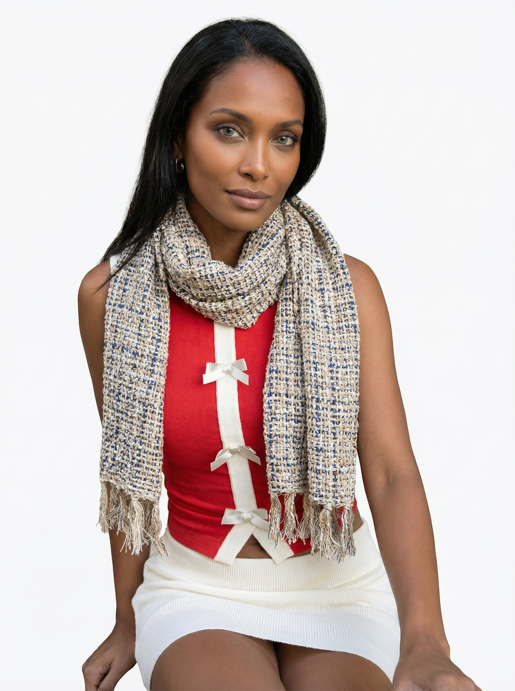 Hand-Made Linen and Silk Scarf White & Blue